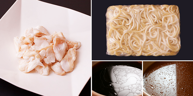 松阪牛もつ鍋のセット内容、コプチャンと麺とスープ